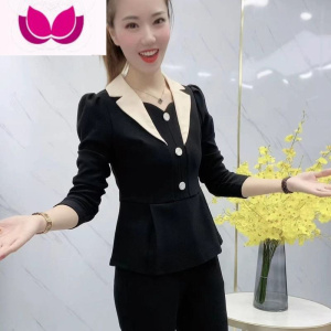 七斓2023春季新款洋气时尚微喇长裤套装遮肚显瘦休闲西装上衣套女