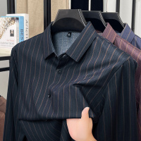 新款长袖衬衫男士春秋季休闲条纹弹力翻领打底衫衬衣
