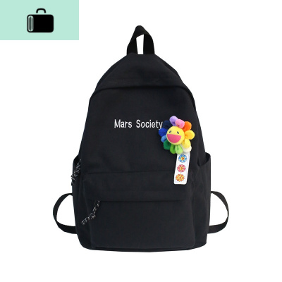 韩版潮牌双肩包男简约时尚潮流帆布森系高中学生书包女休闲背包包NEW LAKE 黑色小号[带小花]