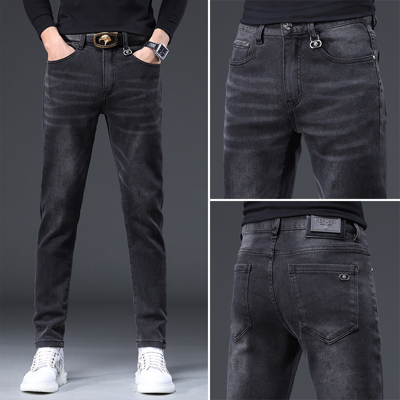 轻奢欧货秋冬季黑灰色牛仔裤男修身小脚潮流弹力休闲长裤子男