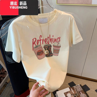 YIBUSHENG2024季新款短袖t恤女宽松时尚欧货百搭洋气减龄显瘦上衣ins