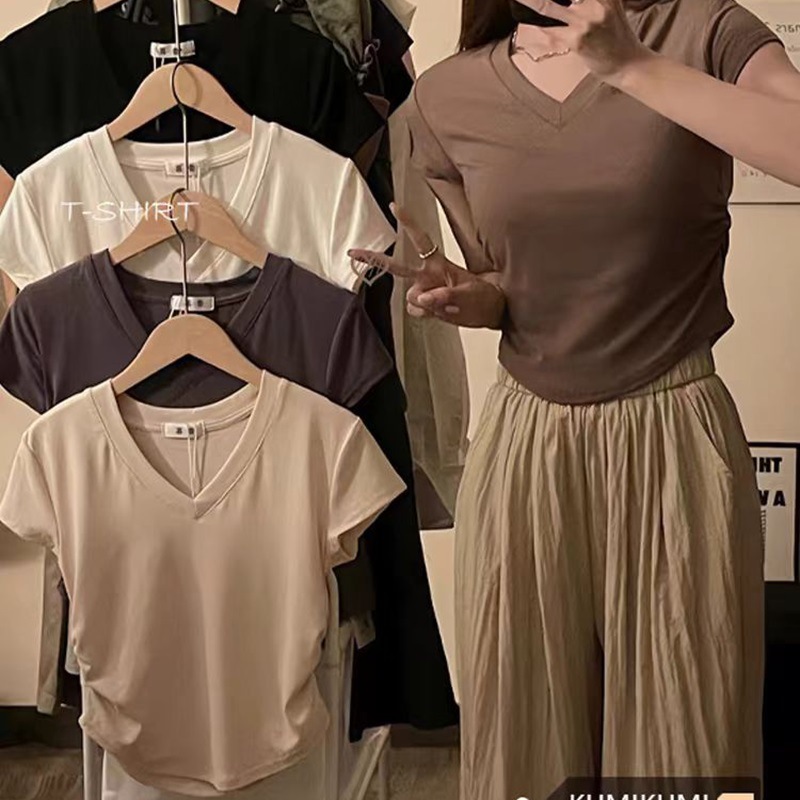夏季法式收腰设计感正肩短袖T恤女修身短款V领打底衫显瘦上衣女装_1