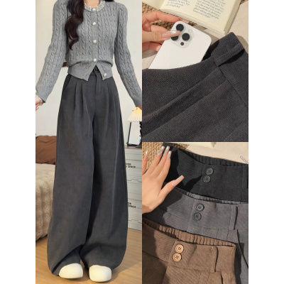 灰色灯芯绒西装裤女新款秋冬季小个子高腰垂感加厚直筒阔腿裤_806