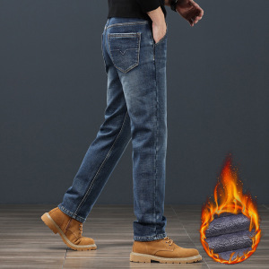 加绒加厚牛仔裤男秋冬款宽松直筒中年弹力保暖商务休闲长裤子男冬
