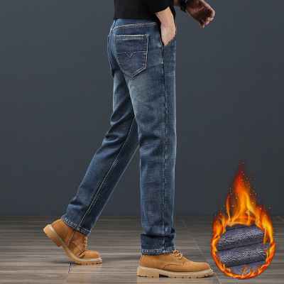 加绒加厚牛仔裤男秋冬款宽松直筒中年弹力保暖商务休闲长裤子男冬