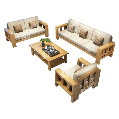 居将 JJ3113004简约实木沙发原木色实木沙发茶几组合 1+2+3+长茶几