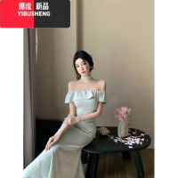 YIBUSHENG季法式气质高级感一字肩连衣裙女性感荷叶边鱼尾礼服长裙子女