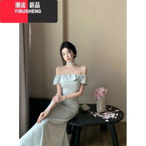 YIBUSHENG季法式气质高级感一字肩连衣裙女性感荷叶边鱼尾礼服长裙子女