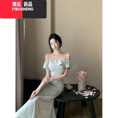 YIBUSHENG季法式气质高级感一字肩连衣裙女性感荷叶边鱼尾礼服长裙子女