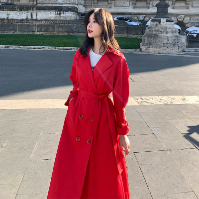 SUNTEK红色风衣女中长款2020春秋新款chic英伦气质百搭过膝流行显瘦外套风衣