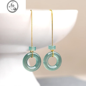 JiMi翡翠耳环女玉长款玉石耳坠圆环925银银耳饰防过敏耳线民族风 均色