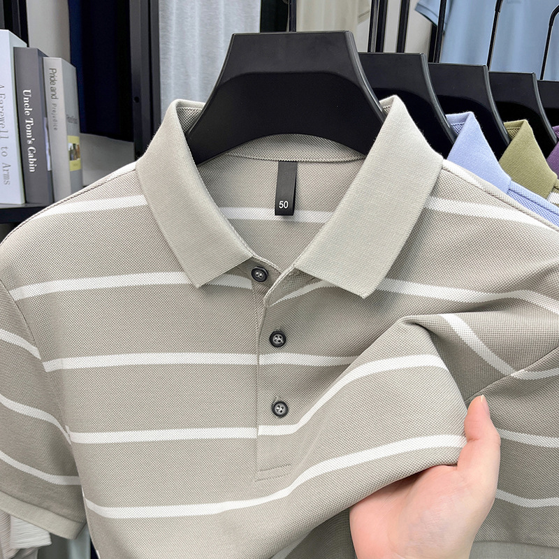 春夏季新款男士条纹Polo衫休闲舒适轻商务翻领短袖T恤新疆棉