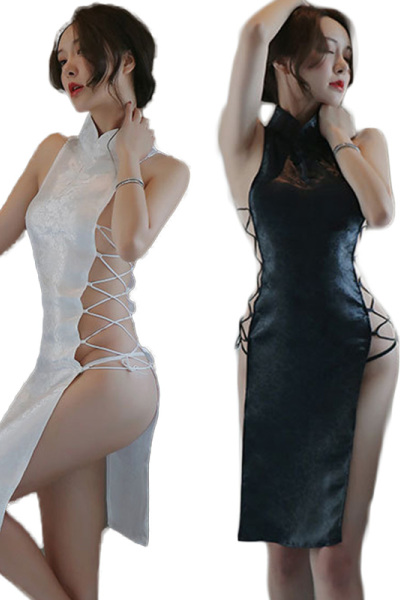 女士情趣内衣旗袍连衣裙透视紧身包衣包臀夏季短款全透明性感三点式诱惑丁字内裤破洞开档露乳女式情趣睡衣制服长夜漫漫成人性用品