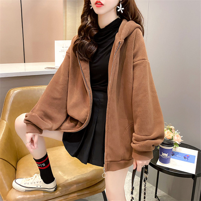 广赫加绒连帽拉链卫衣女秋冬韩版宽松大码加厚摇粒绒纯色开衫休闲外套卫衣