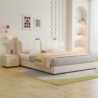 奶油风真皮床轻奢现代简约双人床主卧室小户型婚床家用软包储物床