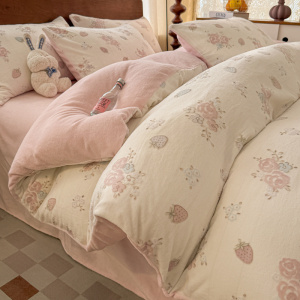 简约花牛奶绒床上四件套冬季加厚双面加绒珊瑚绒被套床单三件套