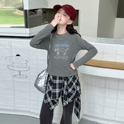 女童秋装套装新款洋气时髦中大童假两件格子屁帘裤两件套韩系