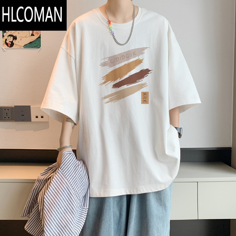 HLCOMAN夏季冰丝凉感短袖T恤男港风ins半袖宽松大码体恤情侣装打底衫潮牌