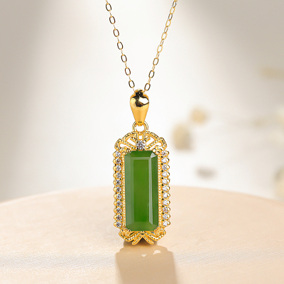 印象眸足金镶和田玉吊坠3D硬金黄金镶锆石镶碧玉无事牌玉石挂件附送证书无事牌吊坠