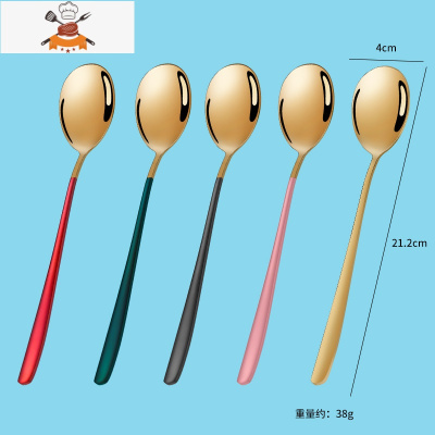 网红勺家用6支装吃饭勺加厚韩式长柄勺喝甜品儿童勺汤匙叉子 敬平 金-5色各1支汤勺