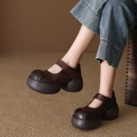 头层牛皮单鞋女2026春季新款厚底复古圆头浅口魔术贴高跟休闲女鞋