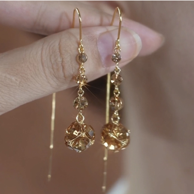 超闪咖色钻球耳线锆石流苏耳环2025年新款潮长款高级感气质耳饰女送女朋友老婆情人节七夕生日礼物