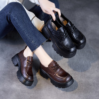 春季新款真皮女鞋子厚底英伦手抓纹牛皮小皮鞋系带单鞋乐福鞋