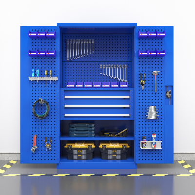 臻远重型五金工具柜铁皮柜双开门置物柜多功能零件柜~两层板三抽+门挂板+背挂板(蓝色)