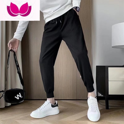 七斓白色华夫格裤子男潮牌痞帅运动束脚卫裤2023新款九分休闲裤