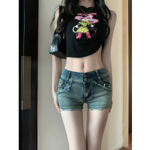 美式辣妹低腰牛仔超短裤女夏季新款薄款修身显瘦包臀铆钉热裤子