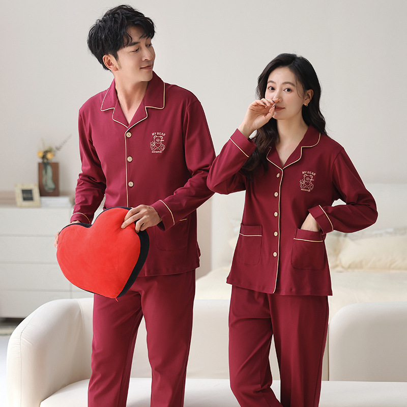 情侣睡衣春秋冬季棉质本命年喜庆结婚红色一男士一女士家居服套装_903_671