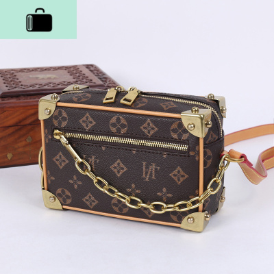 2020新款盒子包小箱子包复古印花链条小方包时尚百搭单肩斜挎包女NEW LAKE 复古深棕色女斜挎包