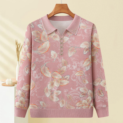 新款妈妈长袖上衣时尚中老年女装T恤印花款中年人小衫薄款衣服女