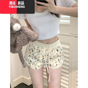 YIBUSHENG卡通小猫印花阔腿休闲裤女季新款松紧腰百搭短款显瘦垂感短裤子