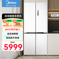 美的(Midea)M60云朵系列535十字四开门60cm纯平全嵌超薄双系统白色家用冰箱MR-535WUSPZE