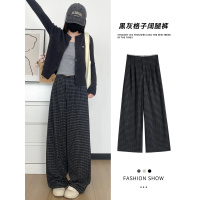 黑灰色格子阔腿裤女新款秋季高腰垂感宽松慵懒风直筒休闲裤子