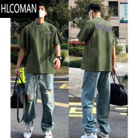 HLCOMAN字母印花短袖T恤男夏季百搭绿色宽松情侣休闲小领口上衣