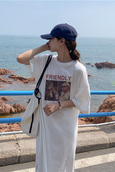 6535棉夏季新款韩版宽松字母印花学生开叉短袖中长款连衣裙女INS