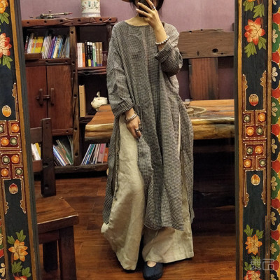 恋名媛亚麻长衫20春夏薄款港风格子大码女装复古国风高衩旗袍宽松连衣裙大码女装