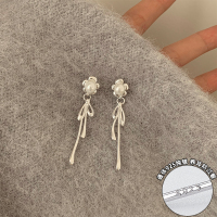 s925纯银山茶花蝴蝶结流苏耳环轻奢小众设计师款耳饰修饰脸型送女朋友老婆情人节七夕生日礼物