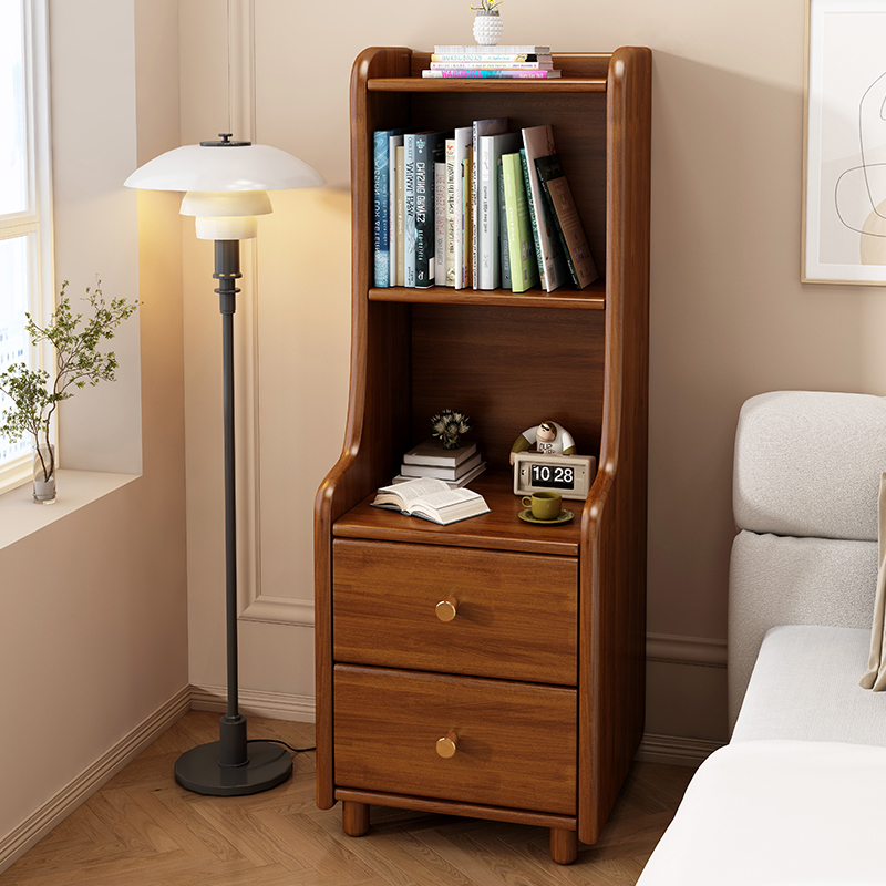实木床头柜置物架一体家用卧室床边储物柜带书架客厅小户型收纳柜