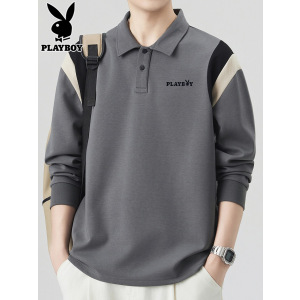 花花公子翻领长袖t恤男士上衣秋季新款高级感撞色休闲Polo衫男装