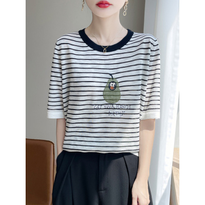 夏竹节麻韩系撞色圆领条纹卡通鸭梨减龄休闲舒适针织短袖女T恤