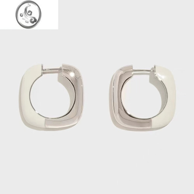 JiMi豆豆同款金属白色珐琅拼接银色简约耳环设计师高级百搭