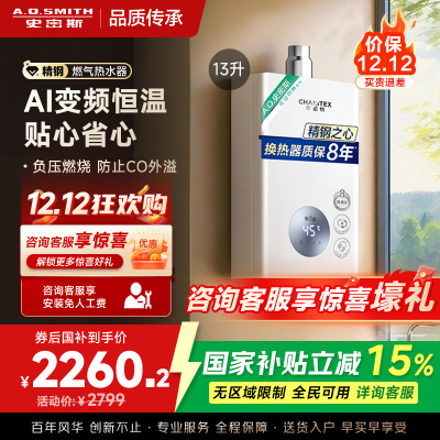 AO史密斯佳尼特13升燃气热水器佳尼特 不锈钢换热器8年包换 精控恒温 抗风防冻JSQ26-TC1