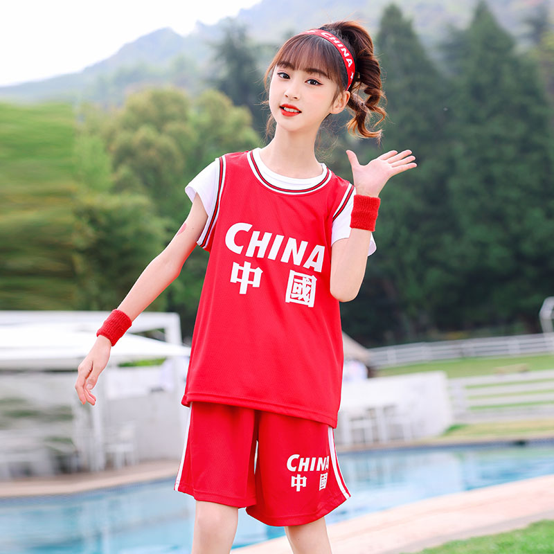 百思寒儿童篮球服套装幼儿园服装小学生女孩中国红运动训练球衣