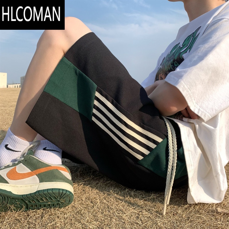 HLCOMAN侧织带撞色红色休闲短裤男夏季加肥加大码潮流胖人宽松直筒五分裤