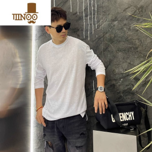 YANXU黑色圆领长袖T恤男薄款修身卫衣韩版潮流内搭打底衫秋衣外穿