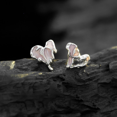 s999足银养耳洞熔岩不对称爱心粉耳钉气质甜酷设计感纯银耳饰批发送女朋友老婆情人节七夕生日礼物