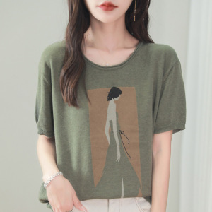 复古美人印花圆领气质泡泡袖宽松显瘦通勤全棉线女士针织短袖T恤